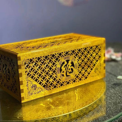 Small Leaf Golden Nanmu Tissue Box 8.66in Hollow Carved Five Blessings