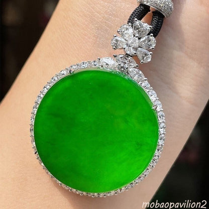 Myanmar Jade Imperial Green Round Disc Inlay Peace Amulet Pendant Necklace