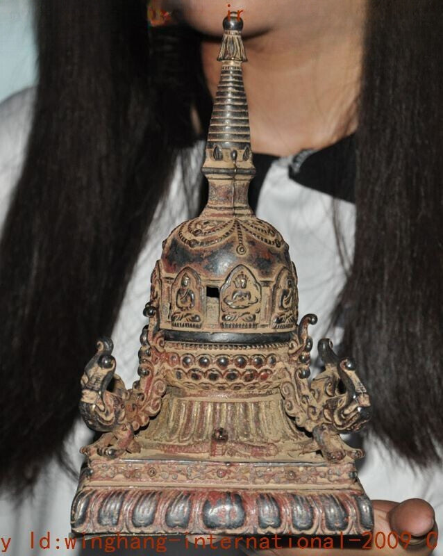 Tibet Buddhism Temple Bronze Gilt Sakyamuni Buddha Stupa Pagoda Tower Statue