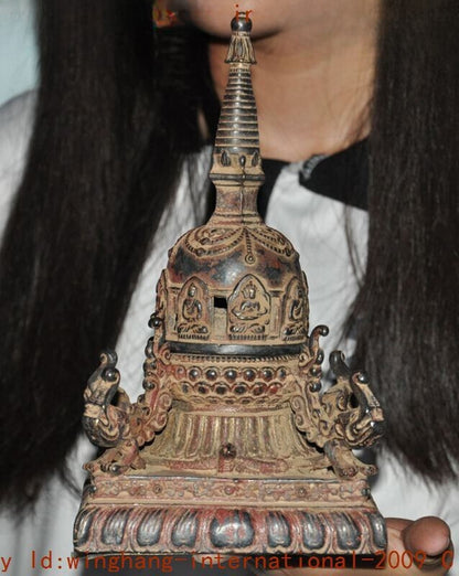 Tibet Buddhism Temple Bronze Gilt Sakyamuni Buddha Stupa Pagoda Tower Statue