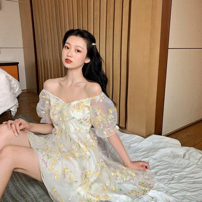 Women Dress Floral Puff Sleeve Lace Chiffon Print Mini Vintage Fairy Cotton Lace