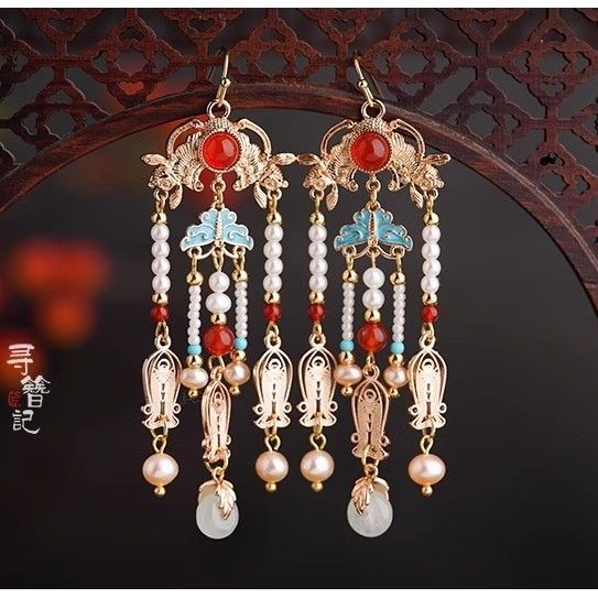 Hanfu Vintage Tassel Long Earrings Bride Filigree Fish Tang Style Chinese