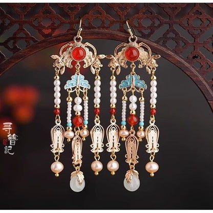 Hanfu Vintage Tassel Long Earrings Bride Filigree Fish Tang Style Chinese