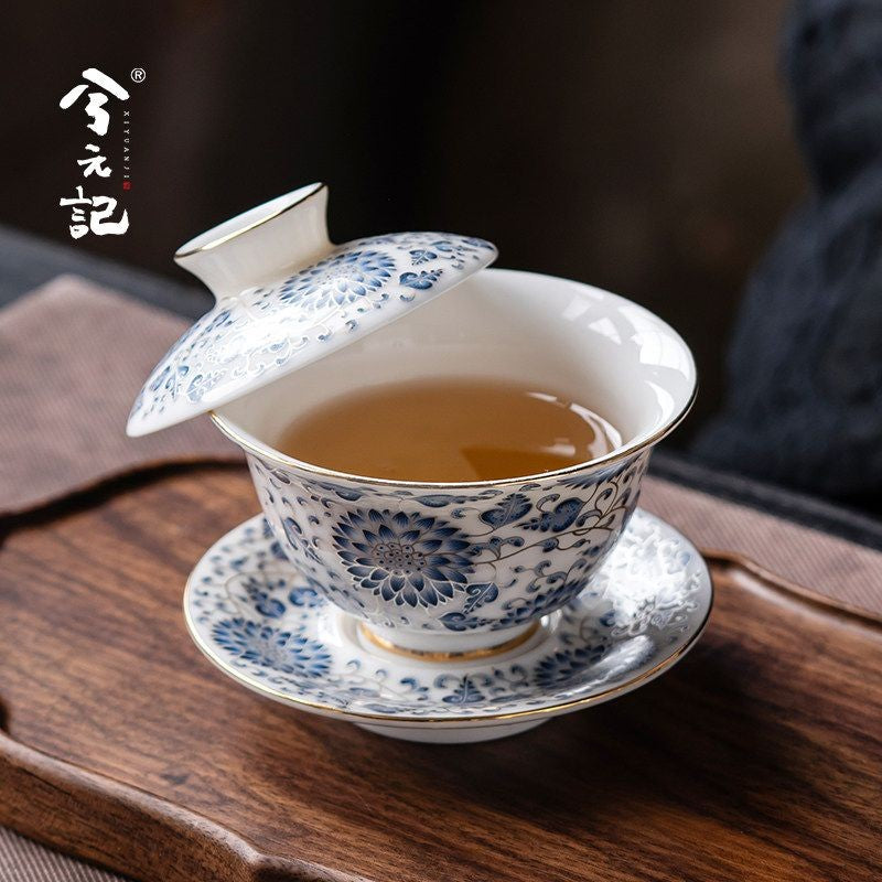 Chinese Blue White Gaiwan Porcelain Lidded Tea Bowl Saucer Gongfu Tea 165ml