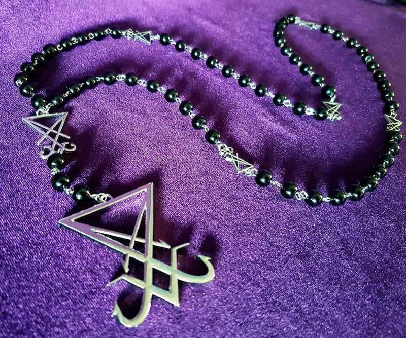 Sigil Lucifer Necklace Small Red Black Agate Satan Baphomet Glass Crystal Beads