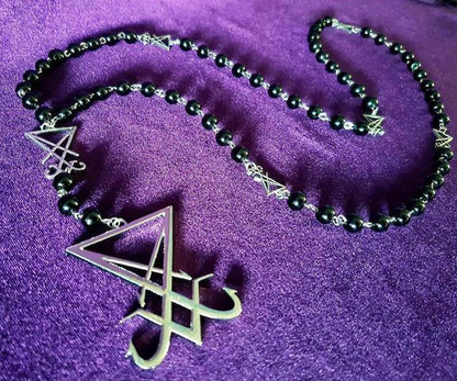 Sigil Lucifer Necklace Small Red Black Agate Satan Baphomet Glass Crystal Beads