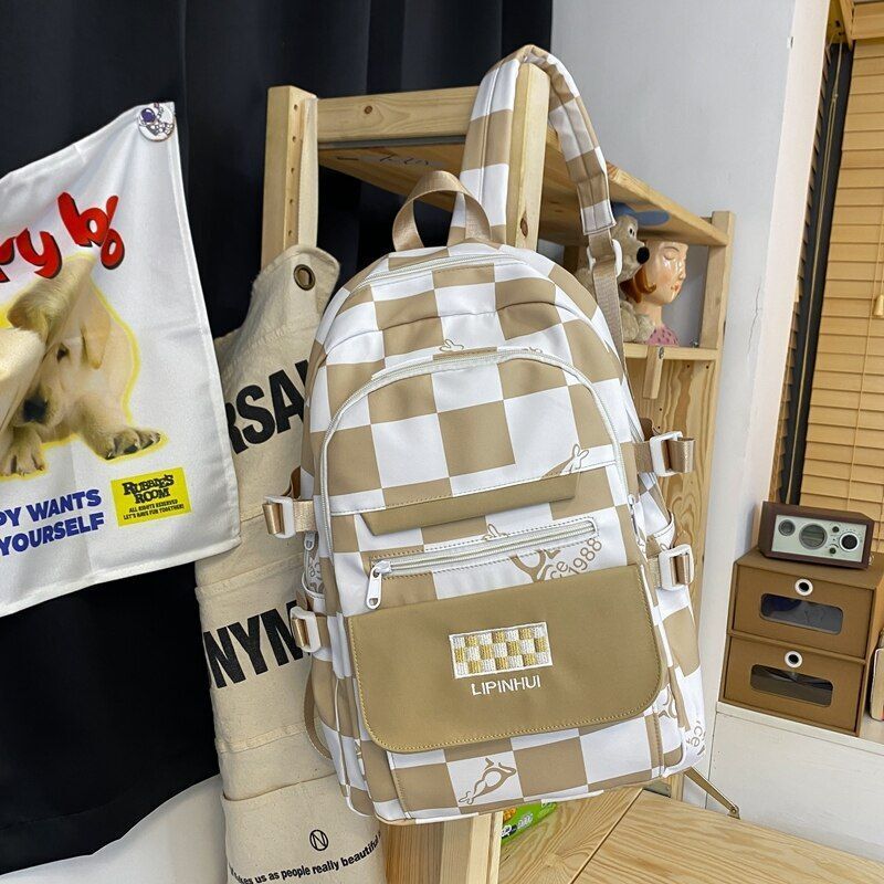 Backpack Waterproof Multi-Pocket Nylon Bookbag Plaid Schoolbag Laptop Travel Bag