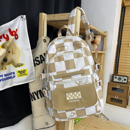 Backpack Waterproof Multi-Pocket Nylon Bookbag Plaid Schoolbag Laptop Travel Bag
