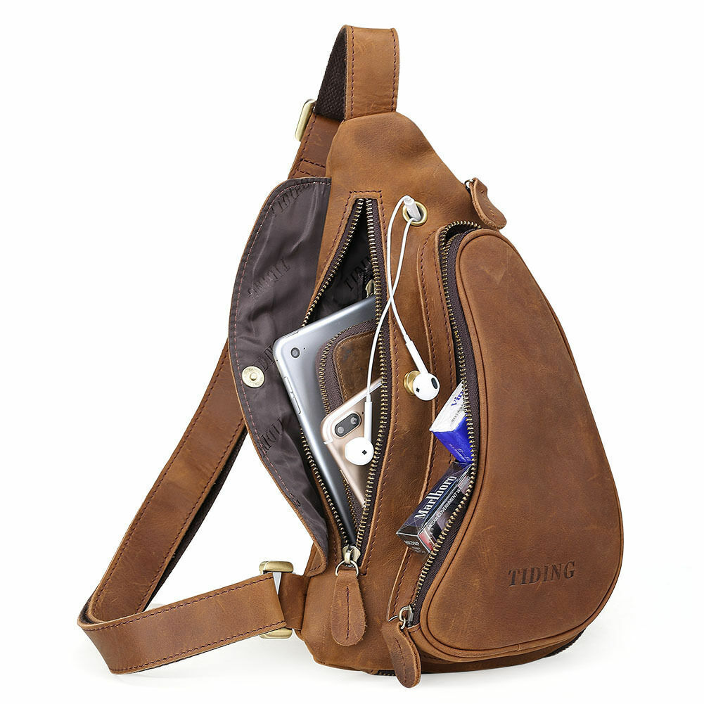 Man's Brown Real Leather Messenger Sling Chest Bag Sports Pouch Pack Cross Body