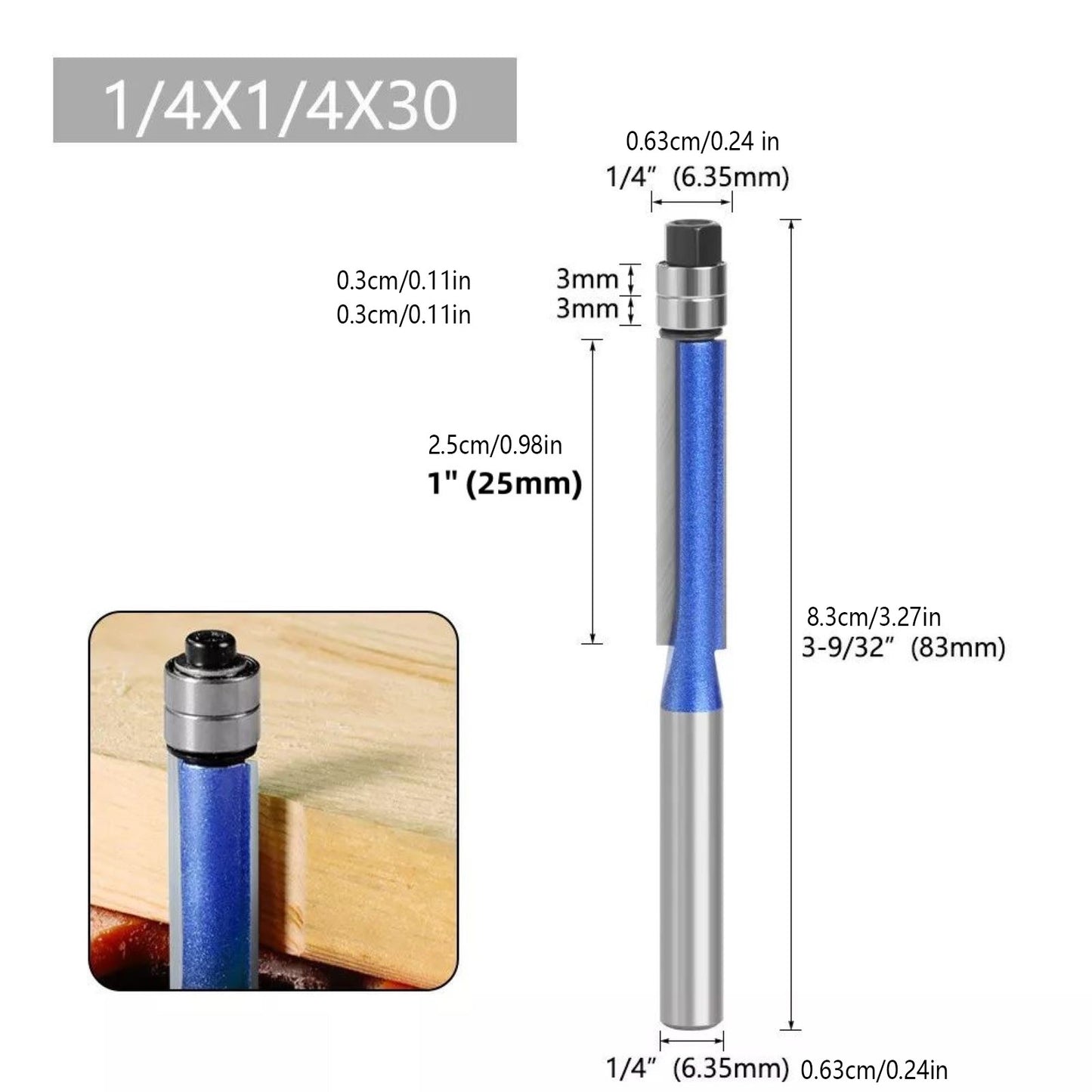 4pcs Router Bit Template Cutter 1/4" Shank Straight Woodwork Wood Flush Trim Set
