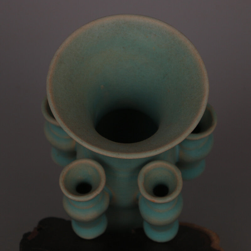 6.3" Collect Chinese Song Porcelain Ru Kiln Celeste Glaze Five Tube Flower Vase