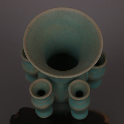 6.3" Collect Chinese Song Porcelain Ru Kiln Celeste Glaze Five Tube Flower Vase