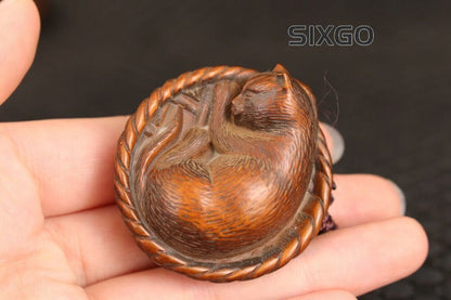lovely boxwood hand carved cat Figure statue netsuke collectable