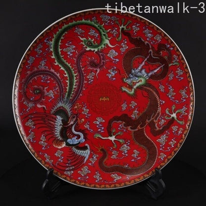 10.2''in Chinese Famille Rose Porcelain Dragon Phoenix Pattern Plate Dish