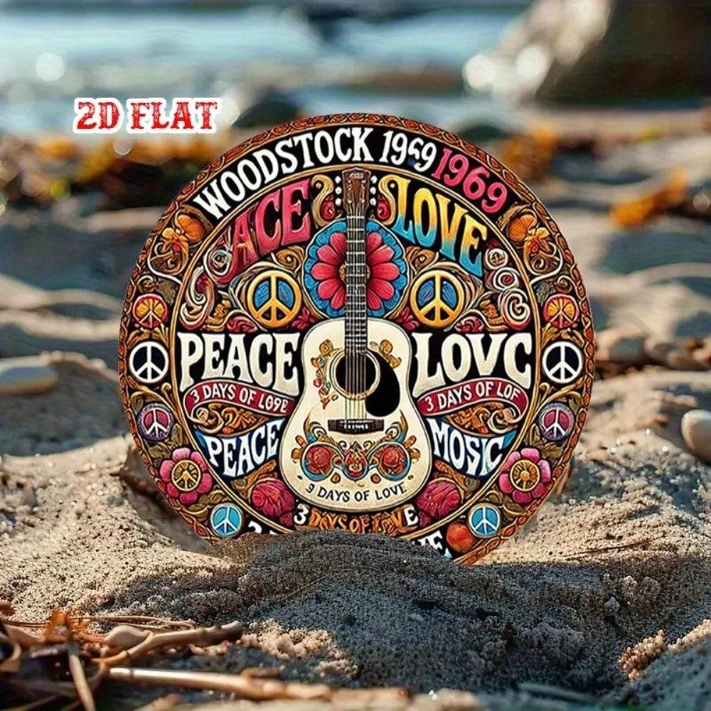 Vintage 1960s-70s 8x8 Tin Sign Peace Love Music Retro Wall Art for Home Bar Cafe