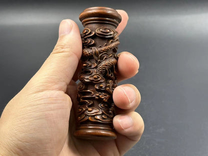 Chinese Vintage Boxwood Carved Dragon Pillar Statue Collection Nice Figurines