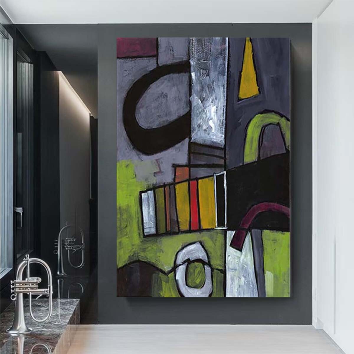 Black White Green Abstract Oil Painting Handmade Canvas Art Mural Modern Home