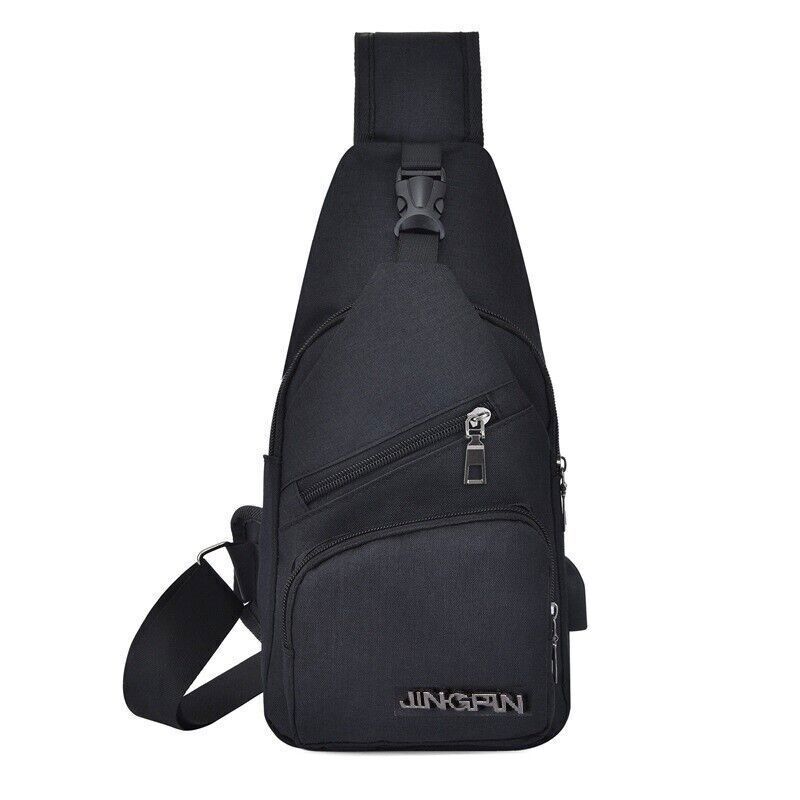 Men's Leather Chest Bag Shoulder Pack USB Charging Port Crossbody Handbag