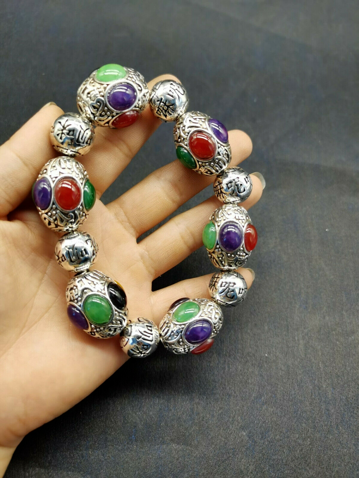 Old Tibet silver carving flower inlaid red green black jade silver bracelet