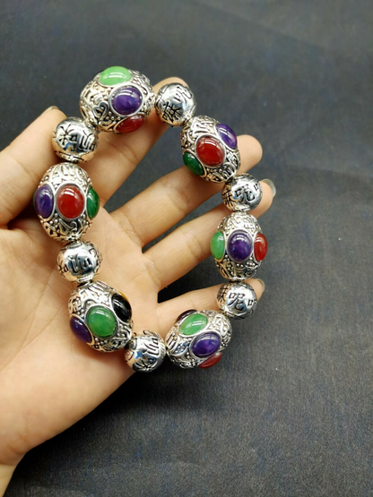 Old Tibet silver carving flower inlaid red green black jade silver bracelet
