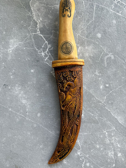 Antique Design Chinese Yak Bone Carved Knife Dragon Pattern Sword Dagger Decor