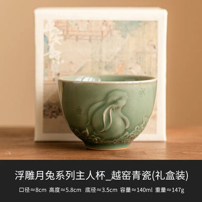Relief Moon Master Cup Yue Kiln Celadon Tea Bowl Tasting Teacup Coffee Mug