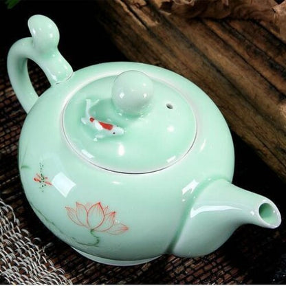 Longquan Celadon Tea Pot Handpainted Floral Ceramic Pot 7 Infuser Holes 220ml