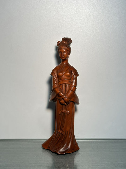 Vintage Chinese Wooden Carving Boxwood Pretty Woman Statue Wooden Figures Decor