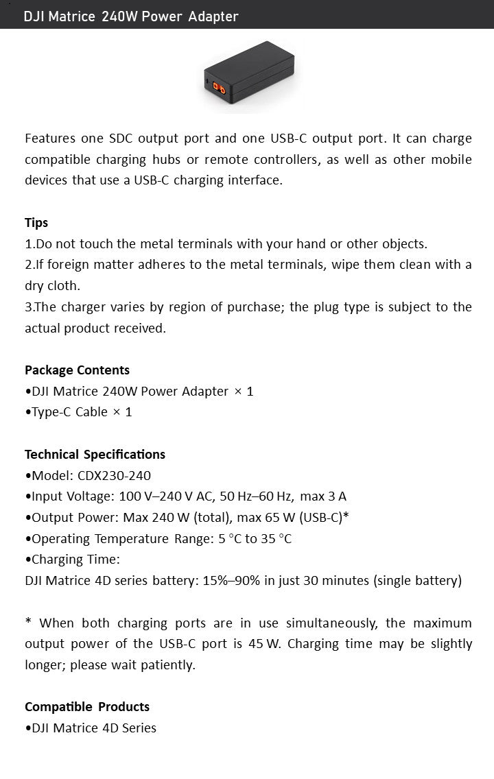 DJI Matrice 240W Power Adapter – Dual SDC/USB‑C, Fast Charge for 4D Series