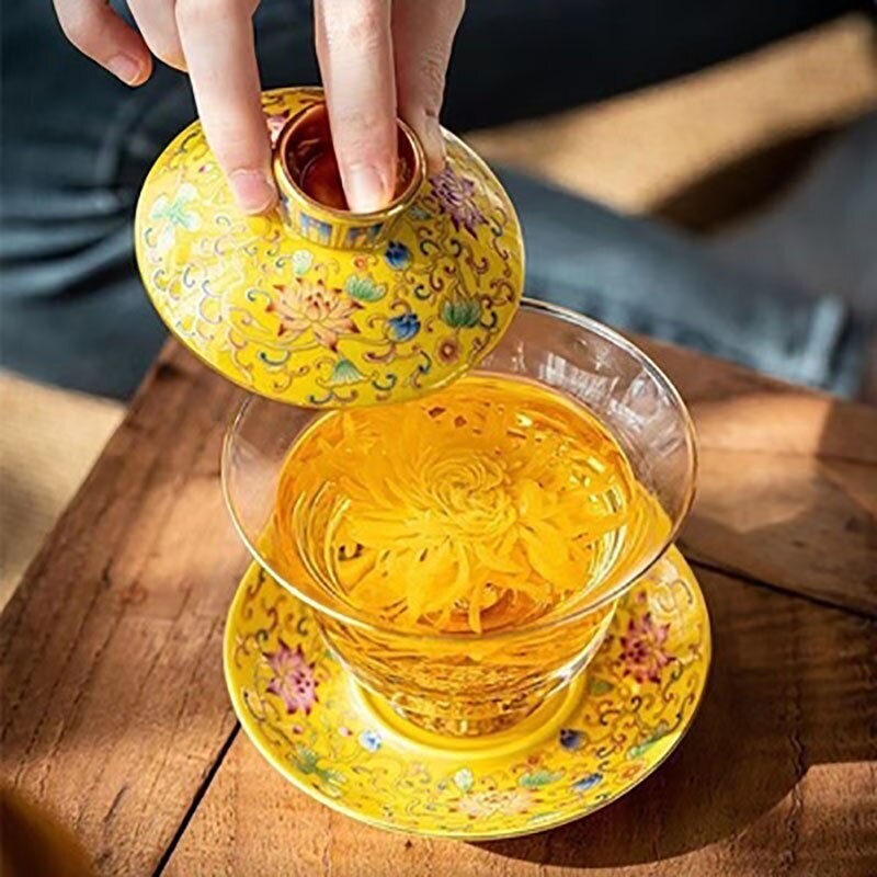 Tea Bowl Thickened Glass Tureen Tea Cover Bowl Lid Sancai Gaiwan Hand Painted