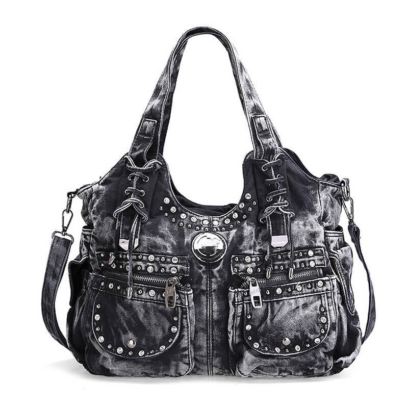 Ladies Punk Rock Travel Denim Rivet Shoulder Handbag Messenger Denim Bag Fashion