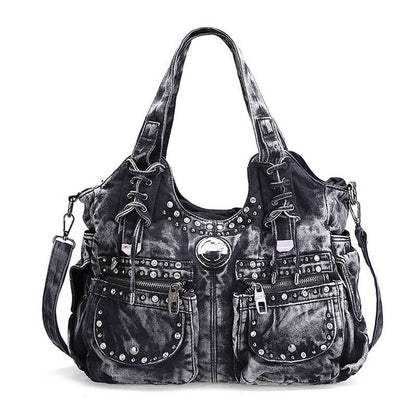 Ladies Punk Rock Travel Denim Rivet Shoulder Handbag Messenger Denim Bag Fashion