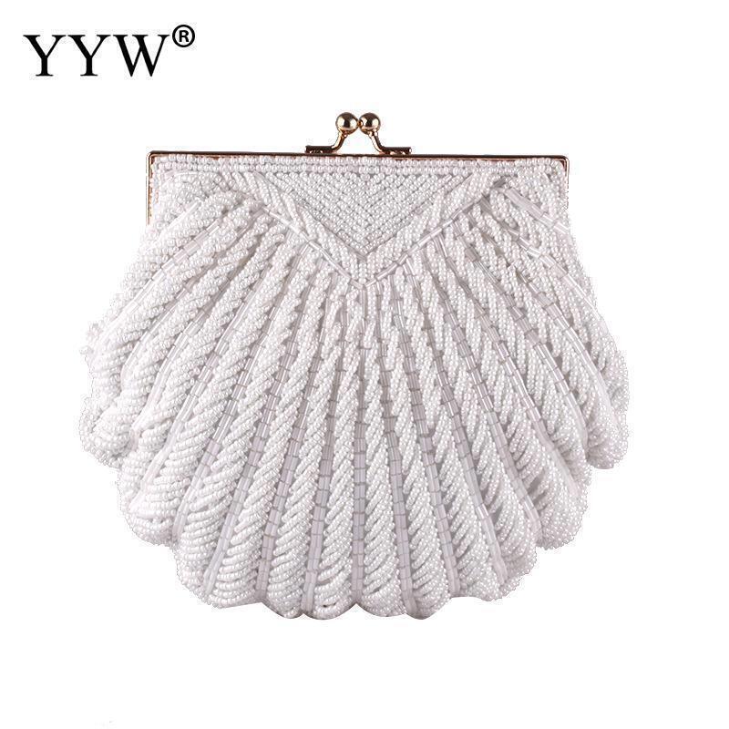 Women Wedding Handbag Evening Party Bags Clutches White Shell Beaded Clutch Bag