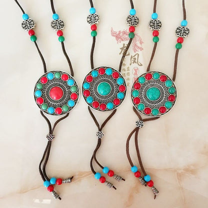 Ethnic Style Leather Rope Sweater Chain Vintage Handmade Long Necklace Boho