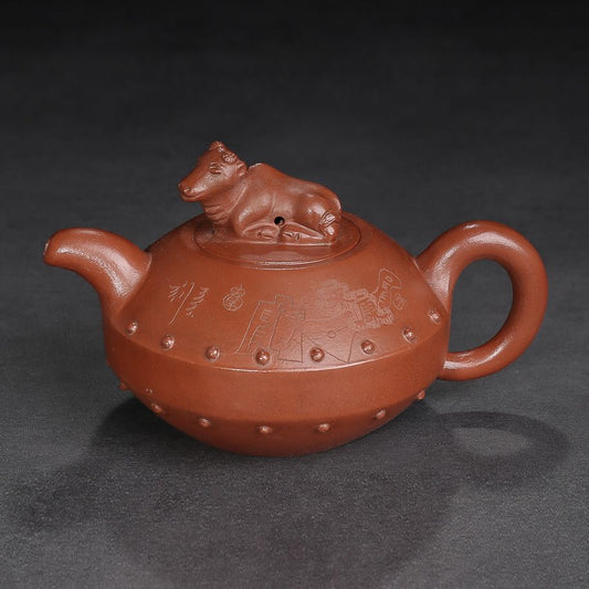 Vintage Chinese Yixing Purple Clay Teapot Zisha Ceramic Carving Cattle Teaware