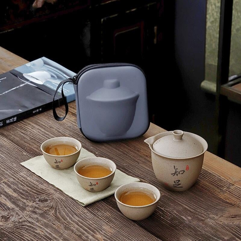 Travelling Tea Set One Pot 3 Matching Cup Portable Bag Crude Pottery Tea Set New