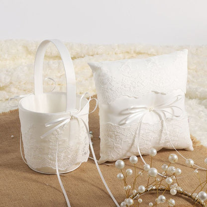 Ring Pillow Basket White Wedding Flower Girls Lace Pearl Event Party Decorations