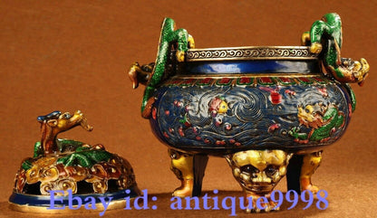 7.8" Old China Cloisonne Enamel Pure Bronze Dragon 3 Legs Incense Burner Censer