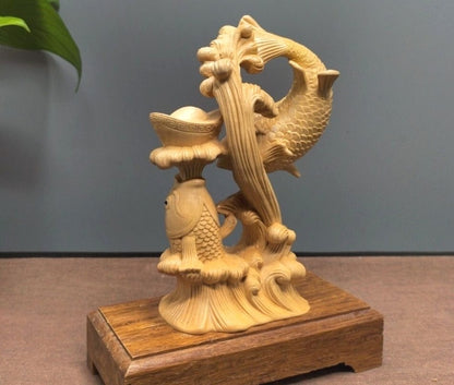 5.5" Boxwood Carved Carp Fish Igot Statue Feng Shui Wealth Home Ofiice Decor
