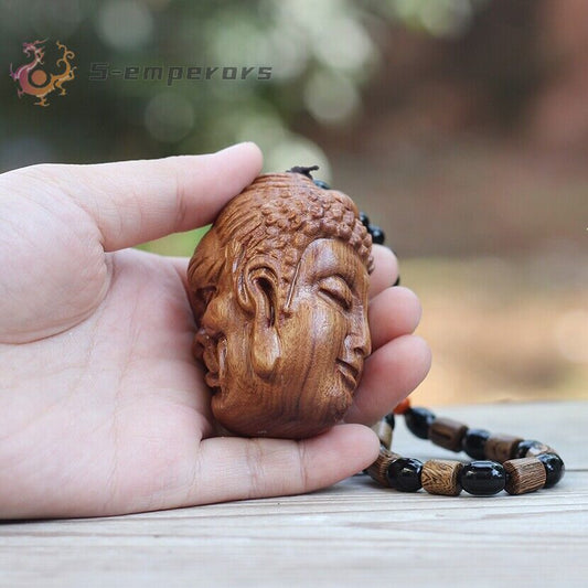Chinese Hua Li Wood Carved Good and Evil Pendant Buddha Head Statue Decor