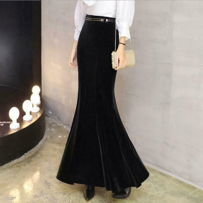 Fashion Womens Velvet Mermaid Flare Skirts Party Casual Full Long Dress Skirts