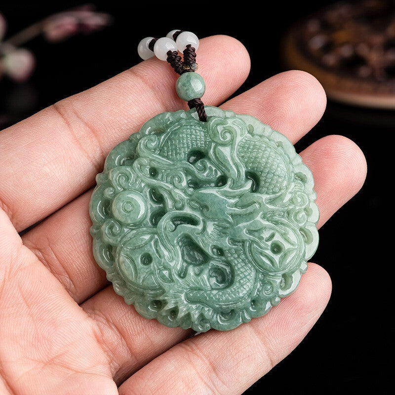 Real Grade A Natural Green Jade Jadeite Dragon Lucky Pendant Beads Necklace