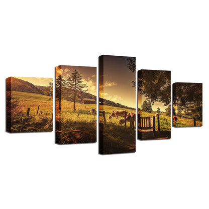 Herd Cow Ranch Cabin Pastoral Landscape 5 Panel Canvas Print Wall Art Home Deco