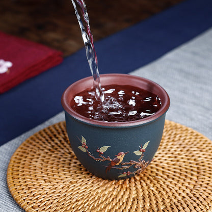 Master Cup Handmade Real Yixing Zisha Purple Clay Tea Cup Bird Relief Marked New