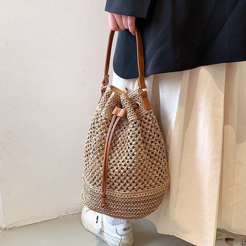 Drawstring Straw Bucket Bag Woven Shoulder Purse Handbag Polyester Crossbody Bag