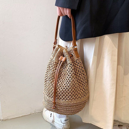 Drawstring Straw Bucket Bag Woven Shoulder Purse Handbag Polyester Crossbody Bag