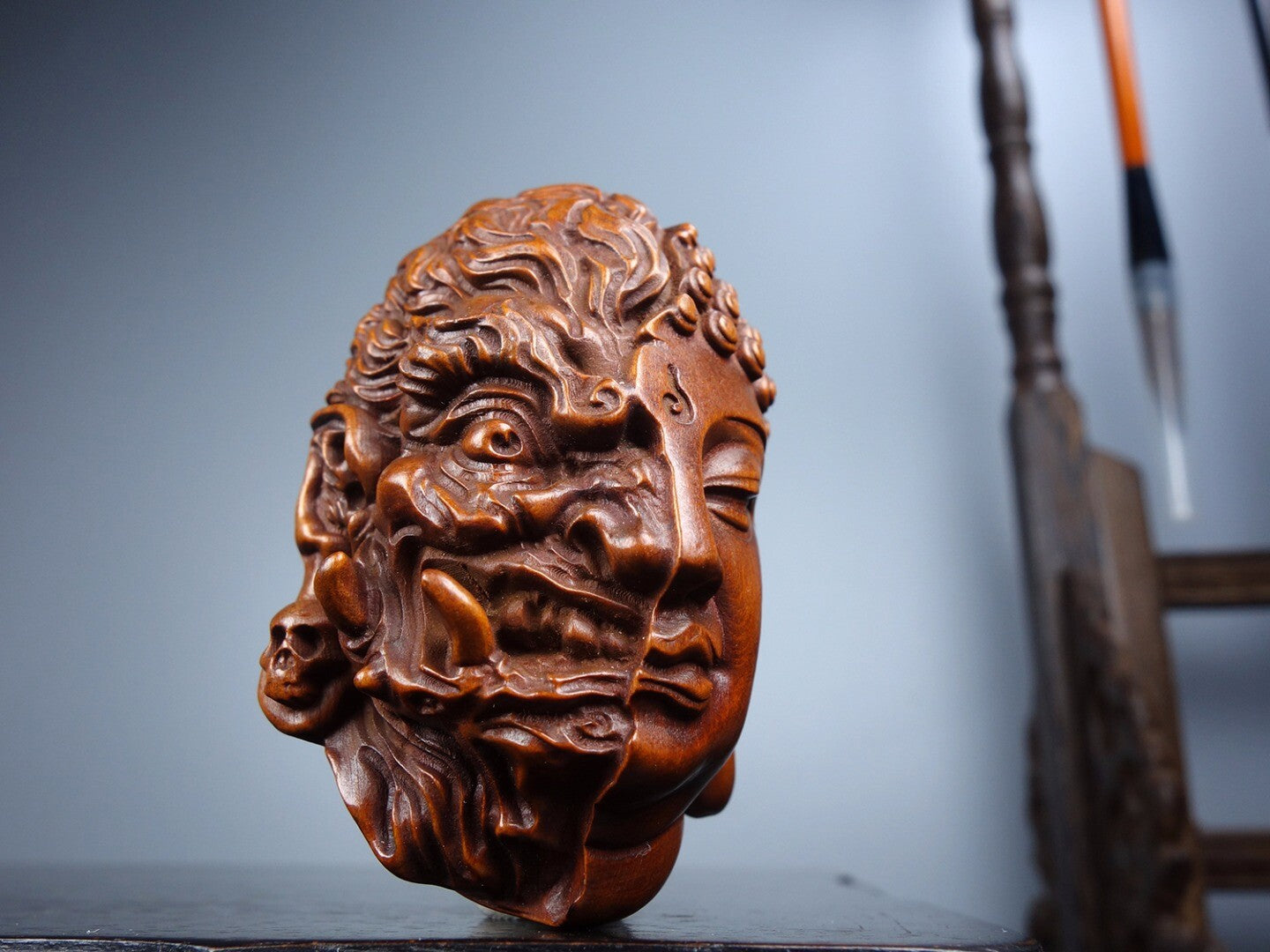 Chinese Natural Boxwood Hand carved Exquisite Buddha Devil Statue AJ0554