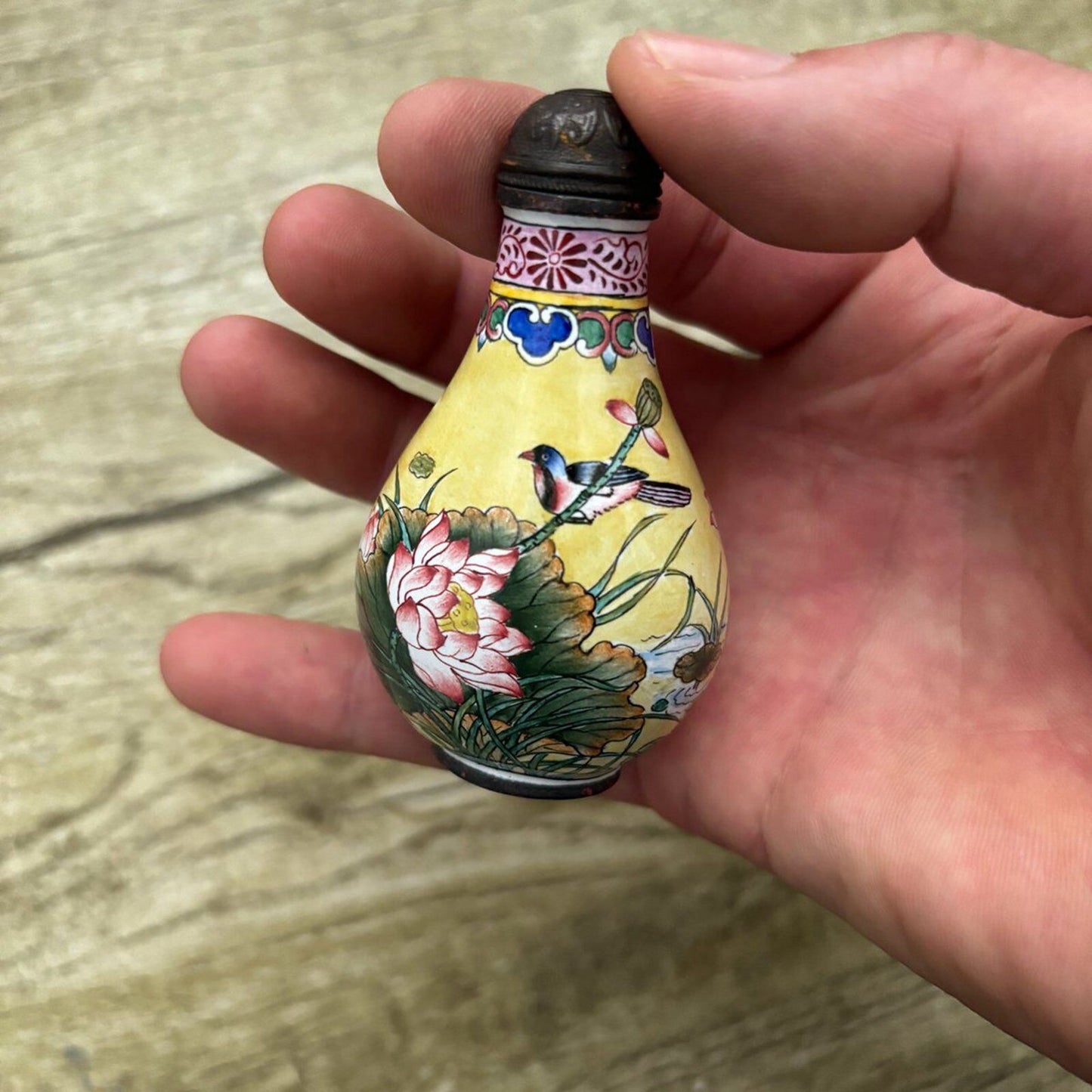 Old Peking Chinese Cloisonne Snuff Bottle Enamel Painted Flower Dragonfly Signed
