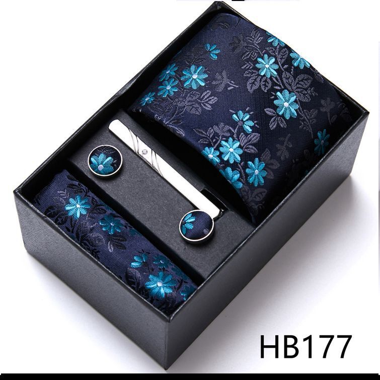 Men Neckties 5Pcs Business Ties Hanky Cufflink Set Clips Corbatas Gift Box 7.5cm