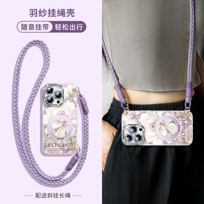 For iPhone 16 Pro/15/14/13 Flower Phone Case with Lanyard/Stand/Crossbody Strap